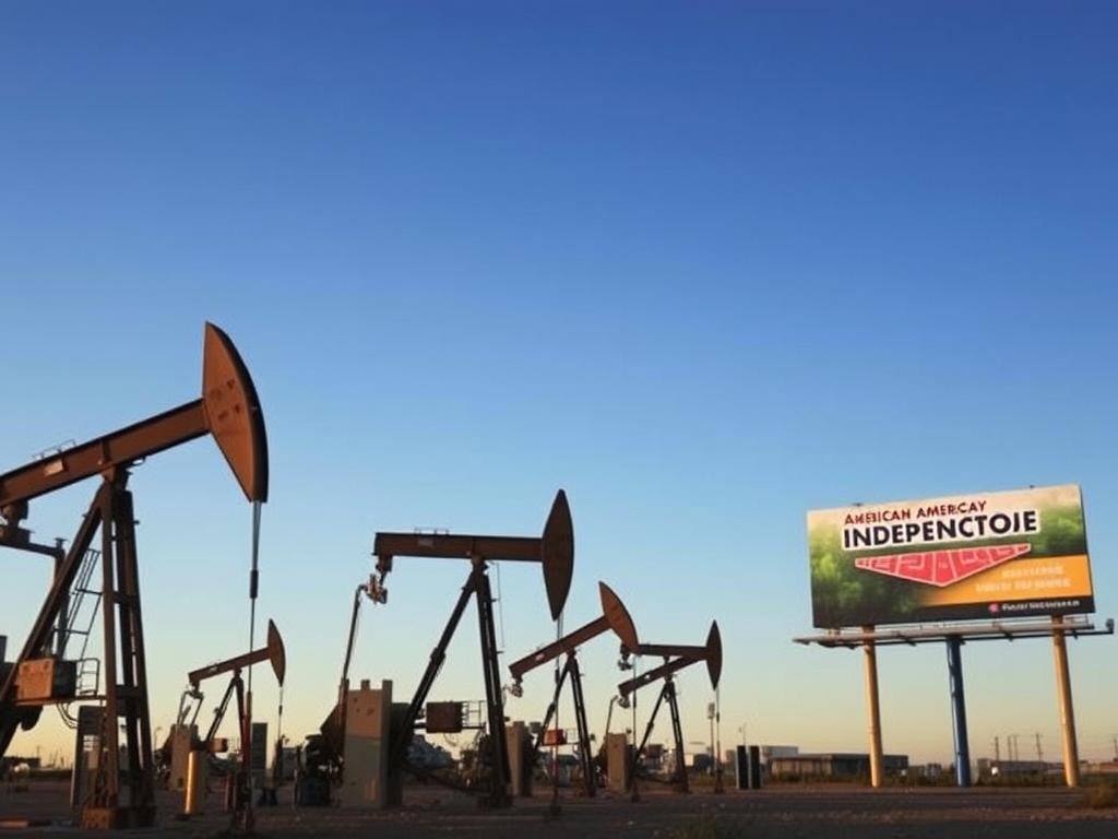 Active oil drilling operation in Texas with Trump energy policy billboard nearby Active oil drilling operation in Texas with Trump energy policy billboard nearby