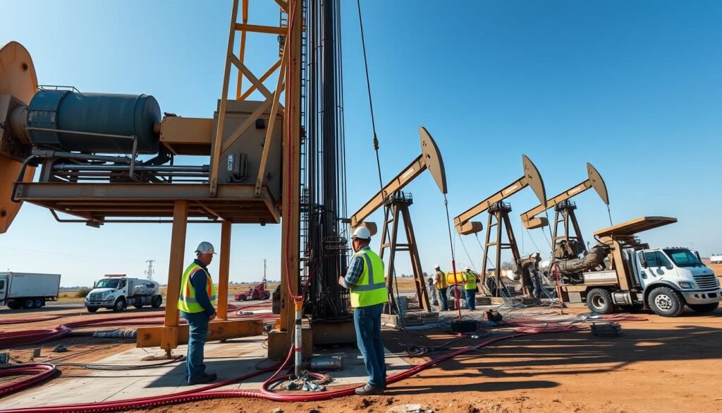 Active oil drilling operation with workers and equipment Active oil drilling operation with workers and equipment