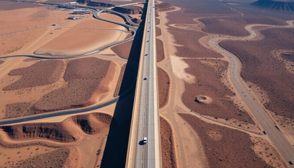 Aerial view of U.S.-Mexico border with wall sections