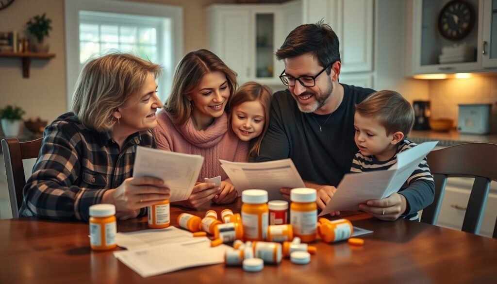 American family reviewing prescription medication costs at home