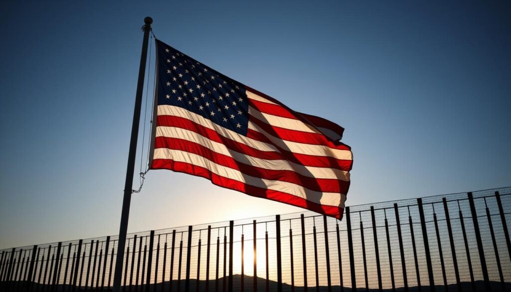 American flag with border wall silhouette representing the national debate on immigration