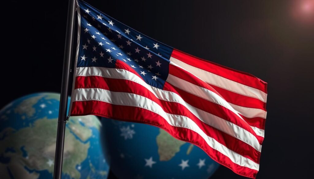 American flag with global background representing America's changing role in world affairs