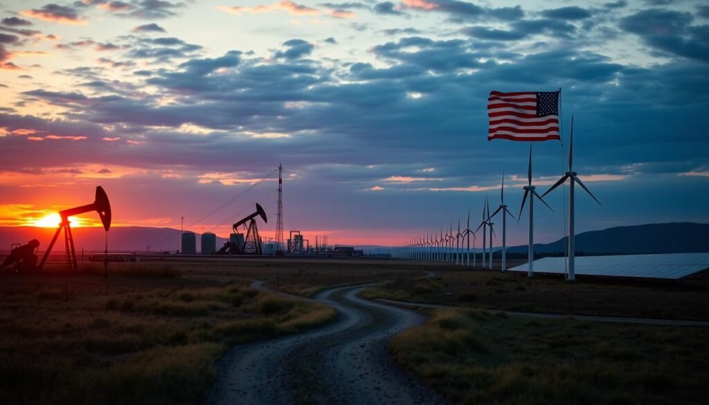 American landscape showing both fossil fuel and renewable energy infrastructure symbolizing energy policy choices American landscape showing both fossil fuel and renewable energy infrastructure symbolizing energy policy choices