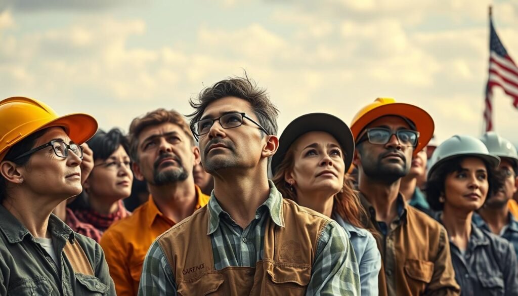 American workers from diverse industries looking toward an uncertain economic future