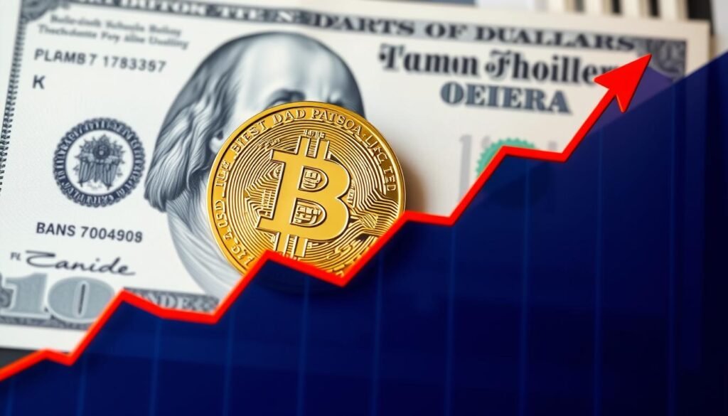 Bitcoin price chart with upward trend and US dollar bills in background