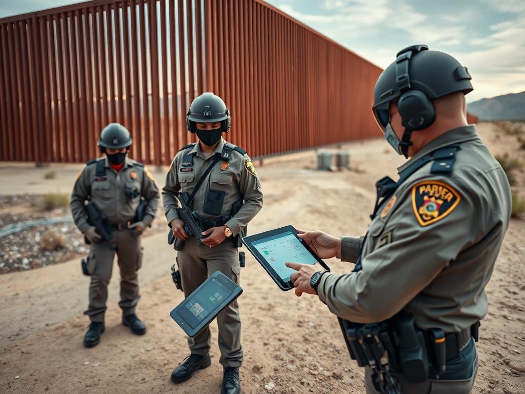 Border patrol agents monitoring wall construction with technology equipment