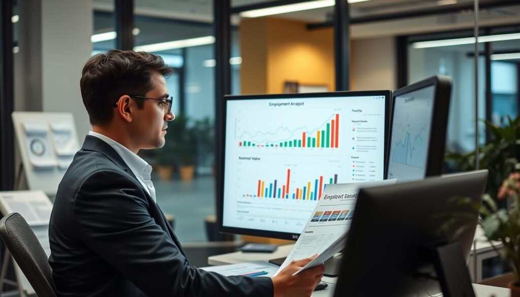 Business analyst reviewing employment data charts and graphs