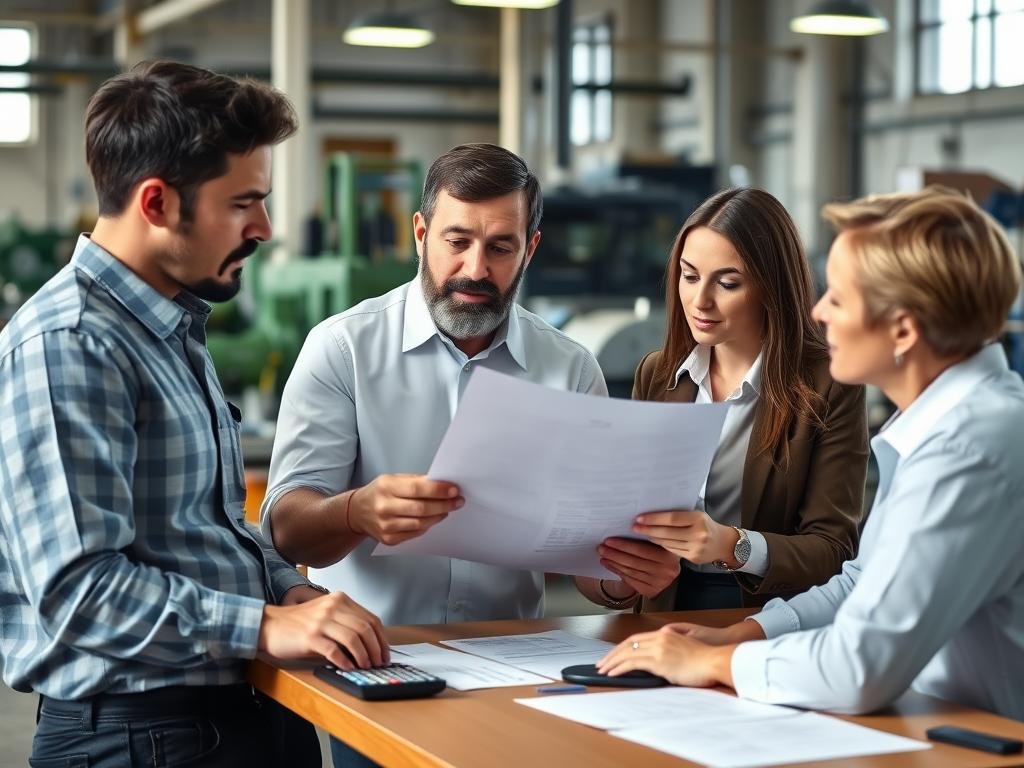 Business owner reviewing tax documents with employees in a small manufacturing facility