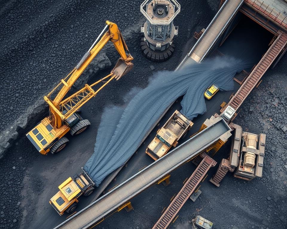 Coal mining operation with heavy machinery and workers Coal mining operation with heavy machinery and workers