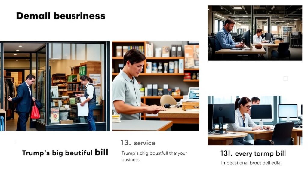 Collage showing different small business sectors affected by Trump's Big Beautiful Bill including retail, service, and tech