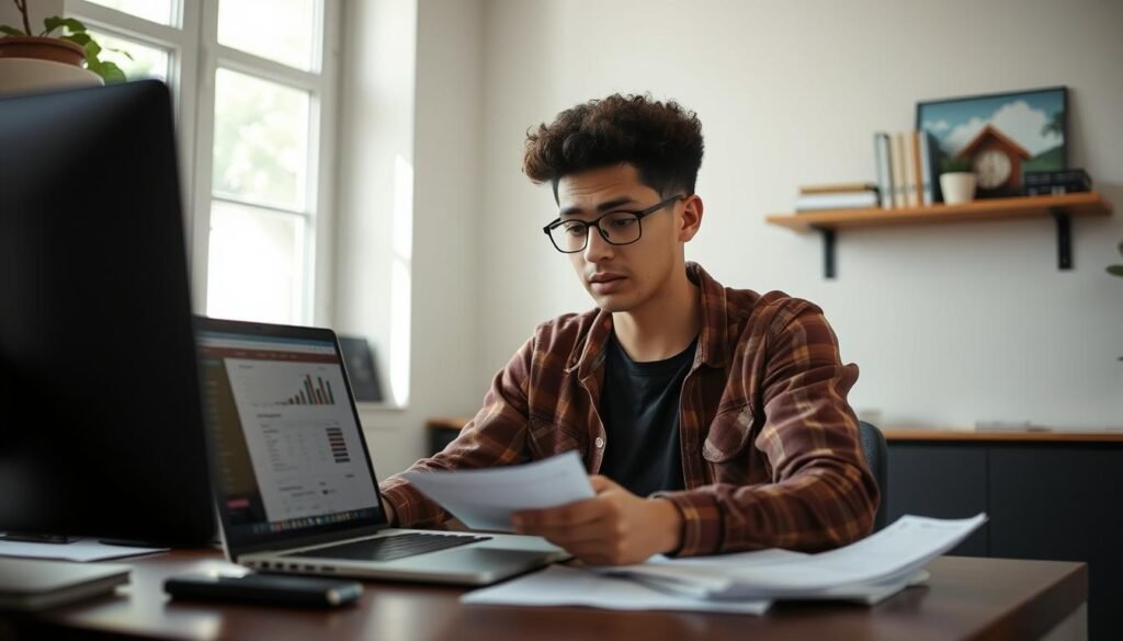 College graduate looking concerned while reviewing student loan documents