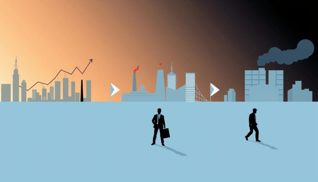 Conceptual illustration showing different potential economic futures for American workers