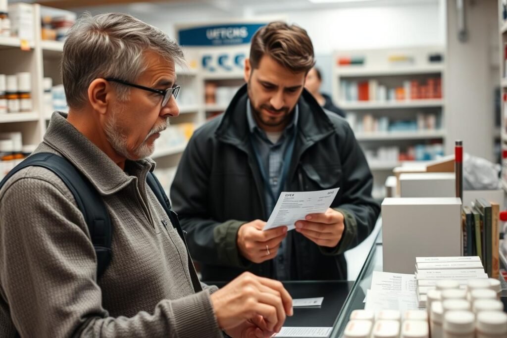 Consumer at pharmacy counter reviewing prescription costs