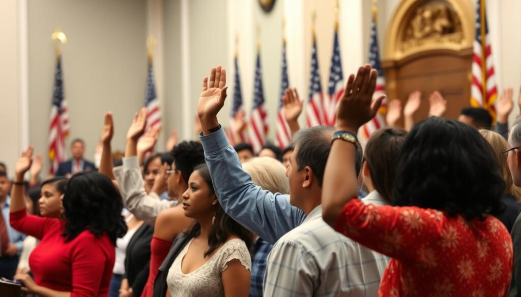 Diverse group of immigrants taking oath at naturalization ceremony