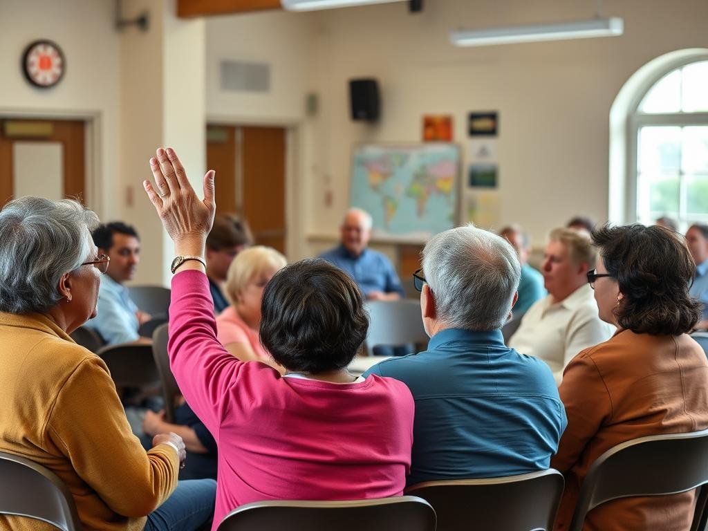 Diverse group of swing state voters discussing economic issues at a community forum