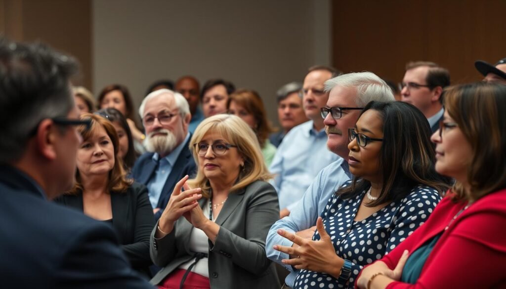 Diverse group of voters discussing policy at community forum