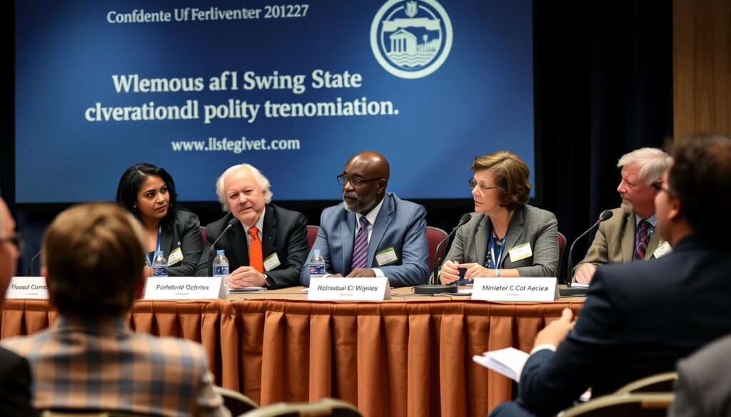 Economic experts panel discussing swing state economic policies at a university forum