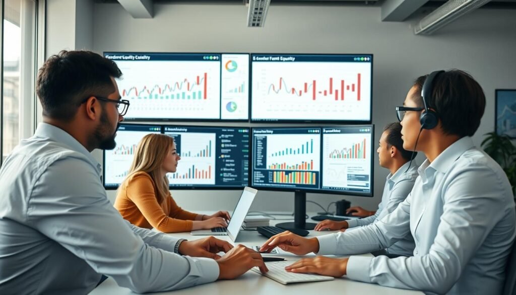 Economist analyzing gender equality data on multiple screens