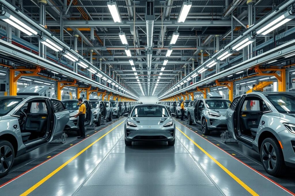 Electric vehicle manufacturing plant with workers and partially assembled vehicles