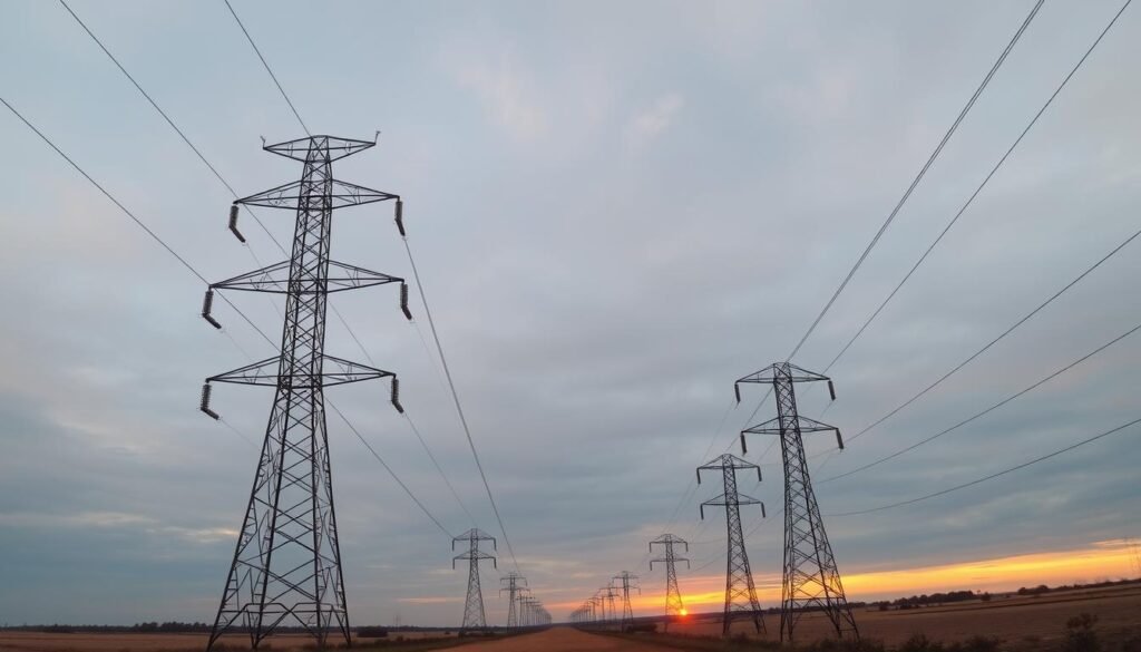 Electrical grid infrastructure with transmission towers and lines Electrical grid infrastructure with transmission towers and lines