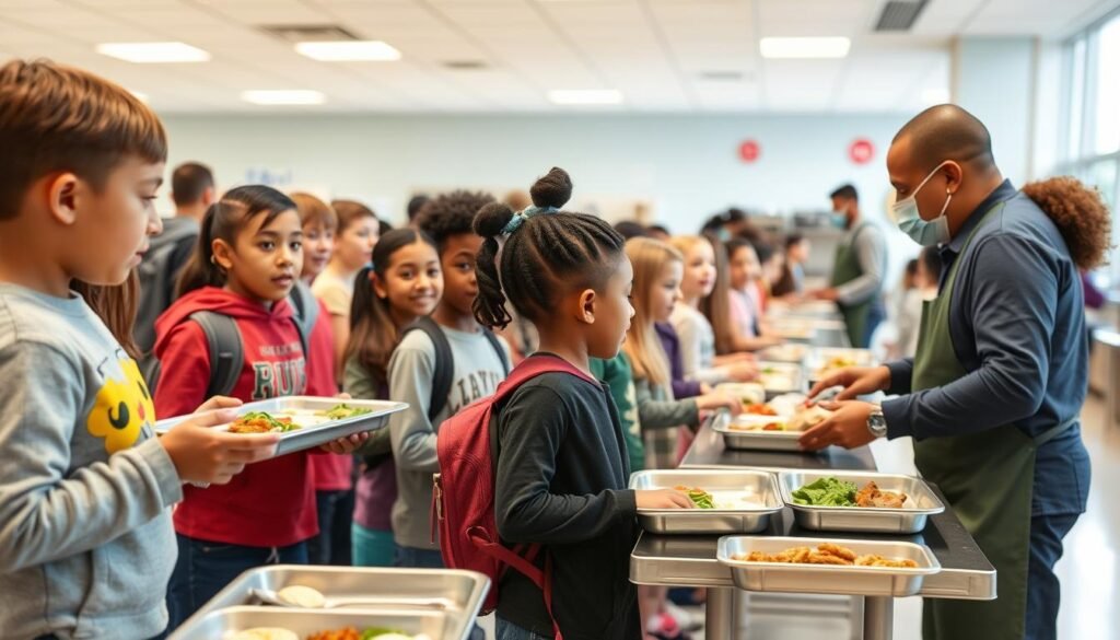 Elementary students in school cafeteria line receiving lunch