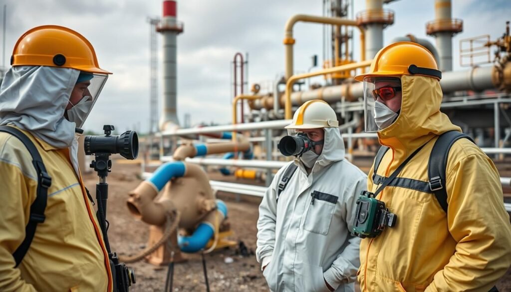 Environmental scientists monitoring air quality near oil and gas facilities