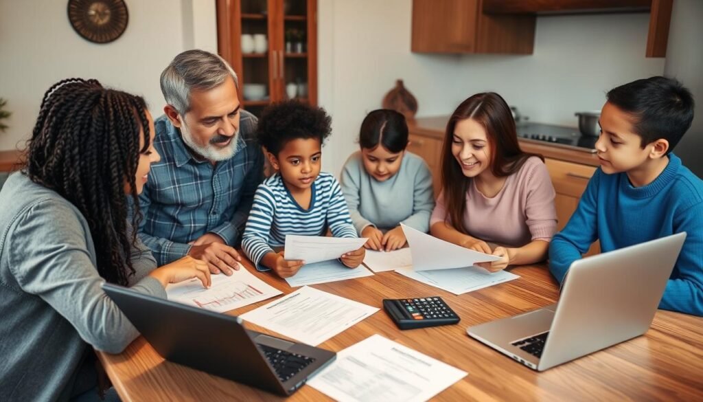Family discussing financial planning around kitchen table
