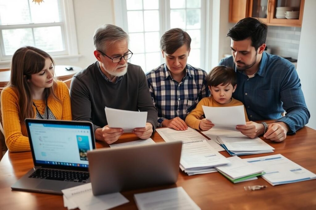 Family reviewing healthcare documents with concerned expressions about Healthcare Bill Election Impact