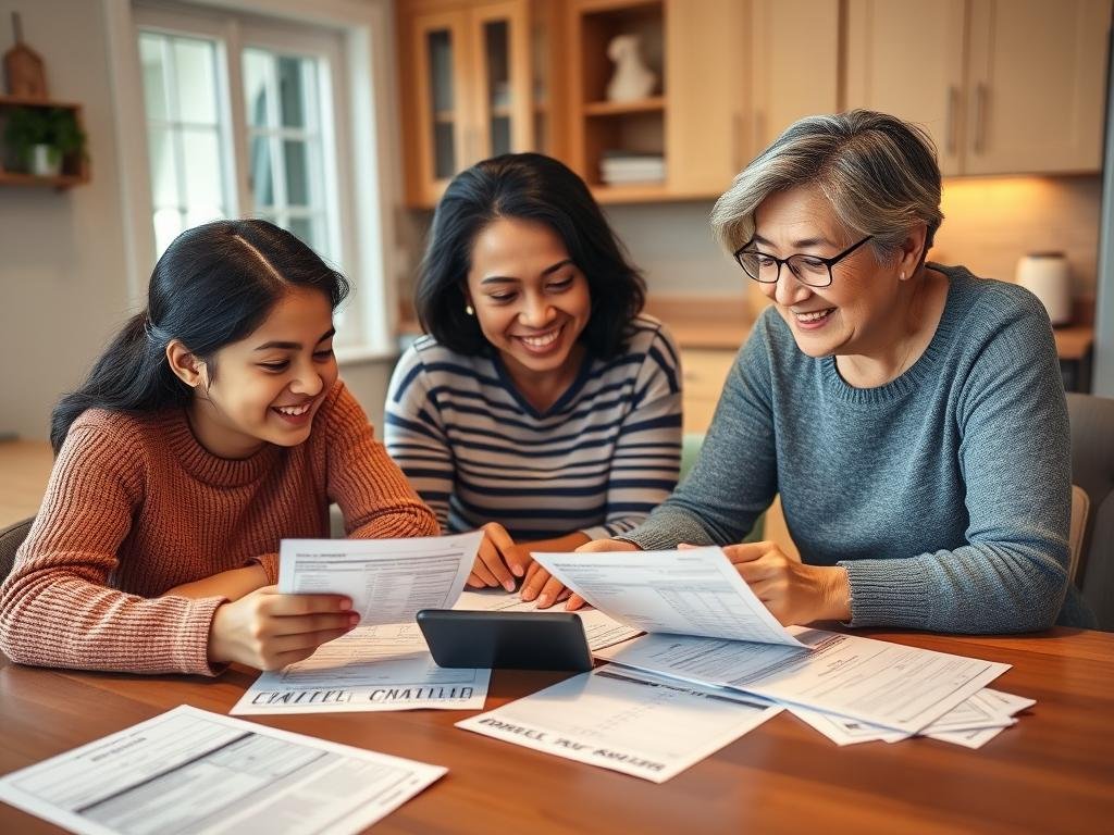 Family reviewing tax documents showing child tax credit calculations