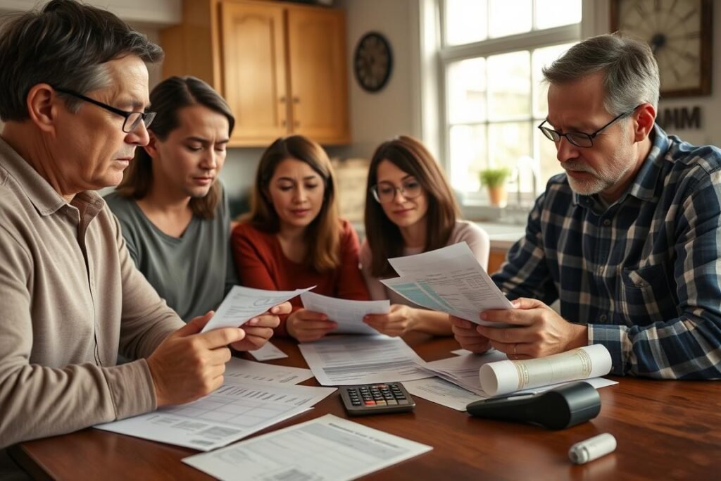 Family reviewing their increased utility bills after passage of Trump's energy policy Family reviewing their increased utility bills after passage of Trump's energy policy