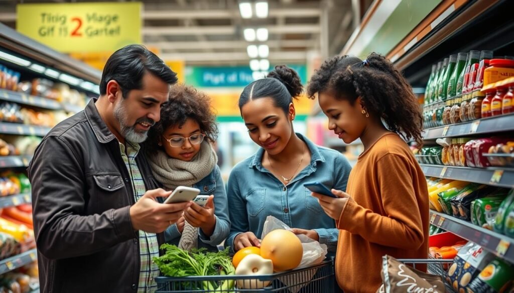 Family shopping for groceries with SNAP benefits