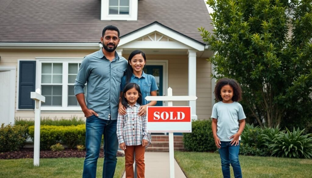 Family standing in front of their home with a sold sign