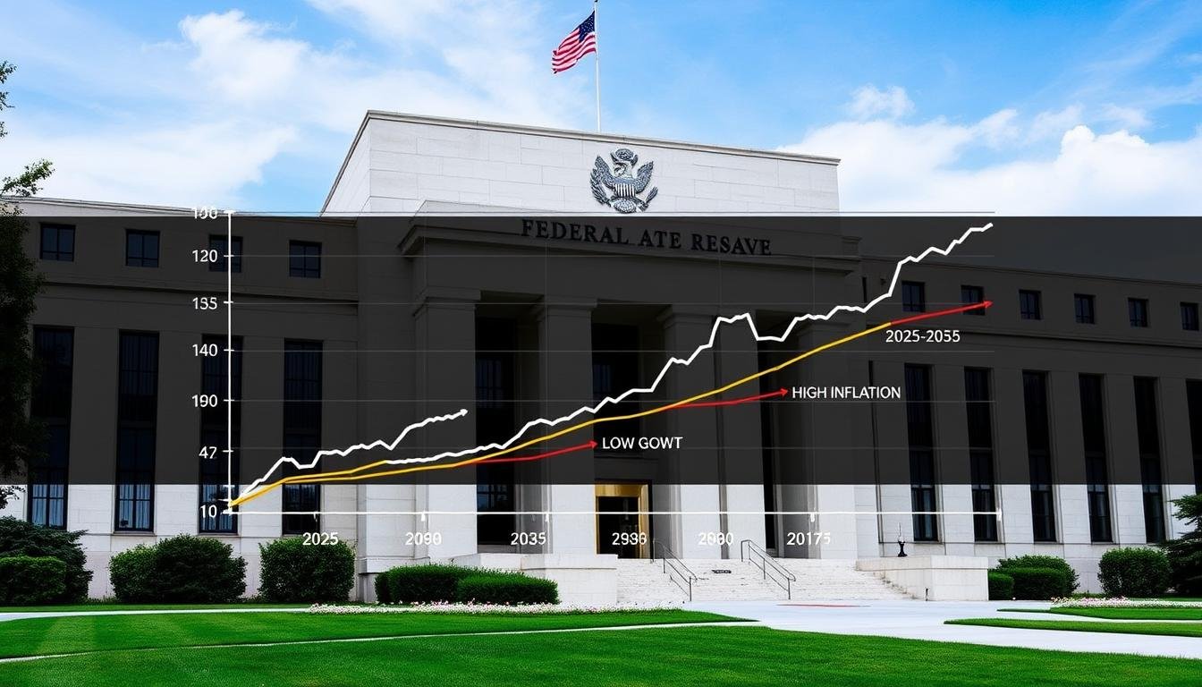 Federal Reserve building with overlay of interest rate projections for 2025-2035