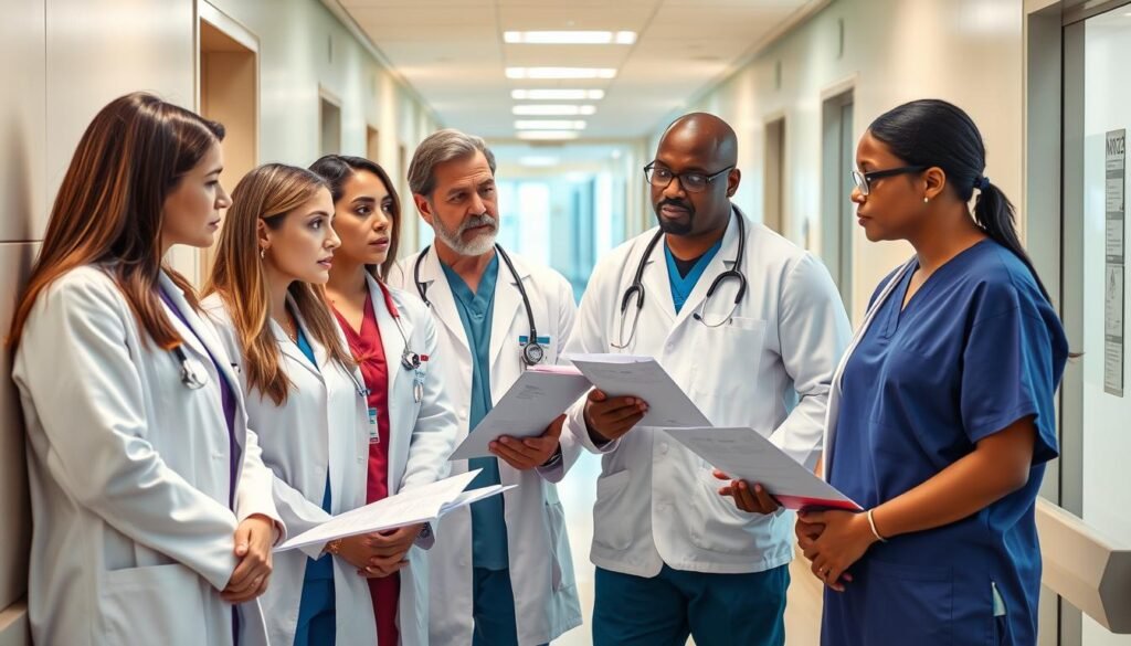 Healthcare professionals discussing the Big Beautiful Bill's impact on patient care in a hospital setting