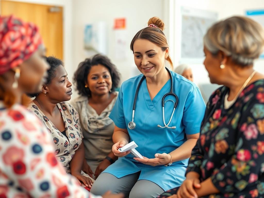 Healthcare provider discussing women's health concerns with diverse patients affected by Trump's Big Beautiful Bill