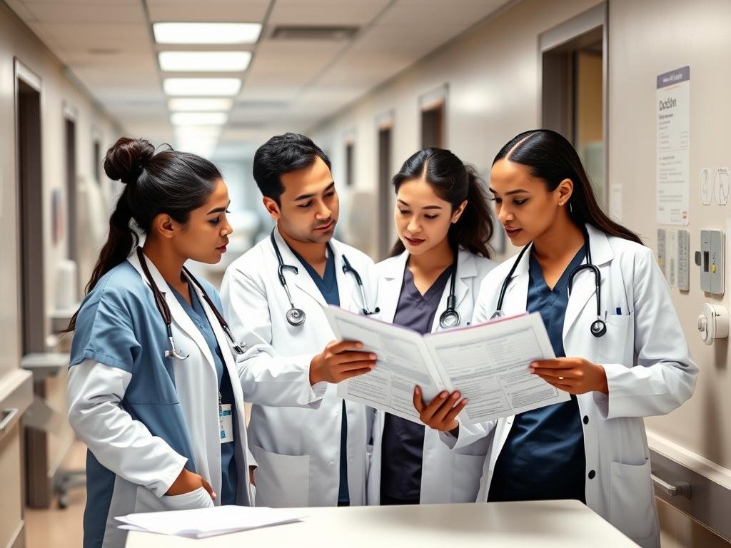 Healthcare workers in a hospital setting reviewing patient charts