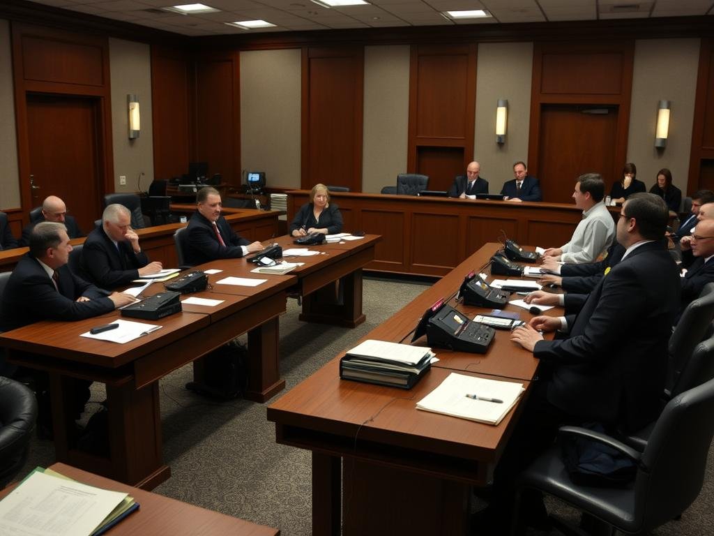 Immigration court proceedings with judges and legal representatives