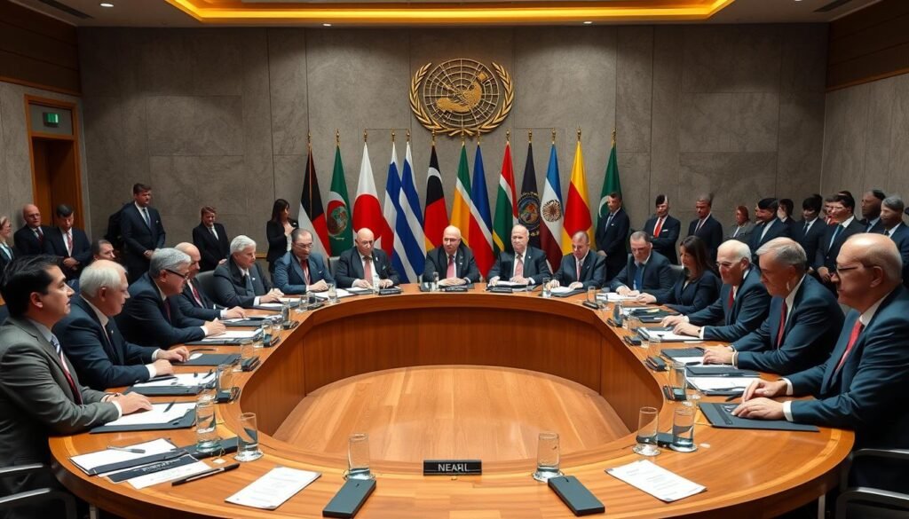 International summit with world leaders discussing global challenges