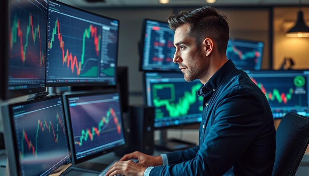 Investor analyzing crypto charts on multiple screens