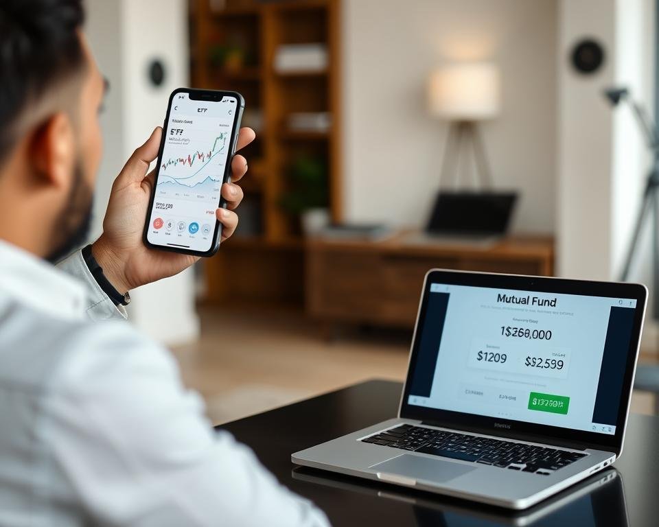 Investor comparing ETF and mutual fund trading on digital devices