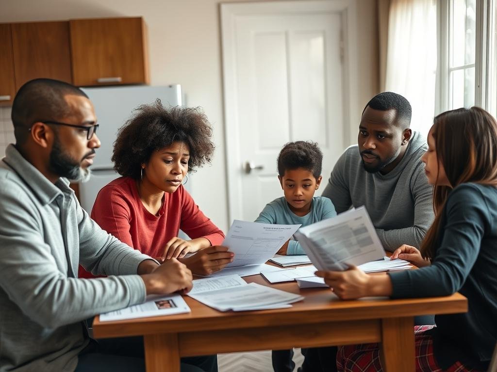 Low-income family reviewing their finances with Trump's Big Beautiful Bill Economic Impact documents