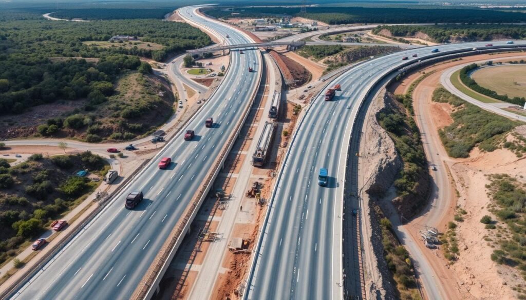 Major highway construction project with workers and equipment Major highway construction project with workers and equipment