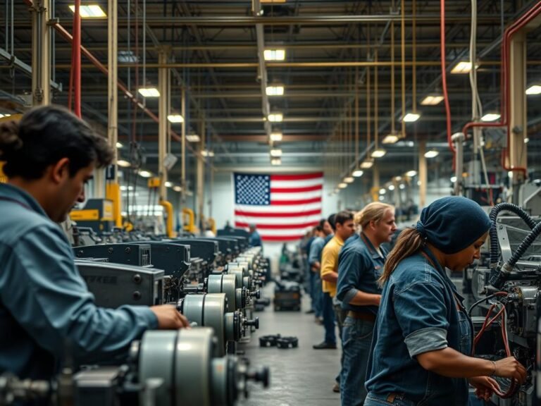 Manufacturing workers in an Ohio factory with American flag visible