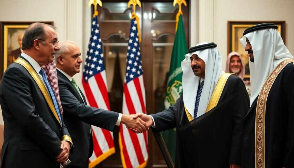 Middle Eastern diplomatic meeting with American and regional leaders