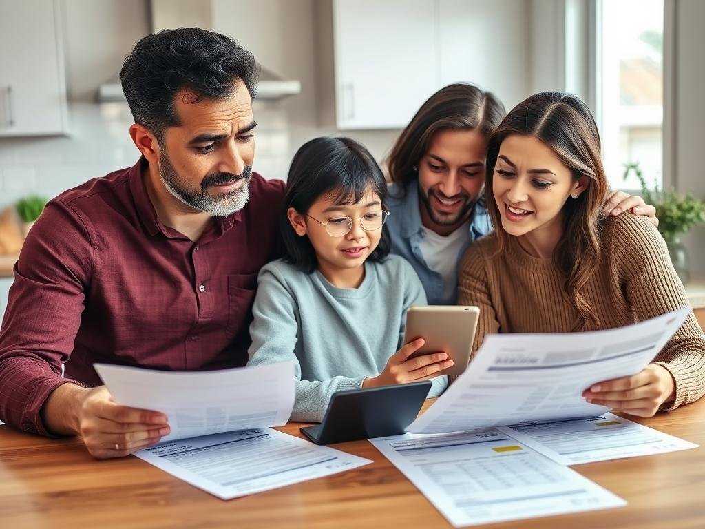 Middle-class family reviewing tax documents at kitchen table