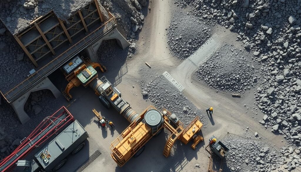 Modern American mining operation with workers and advanced equipment extracting rare earth minerals