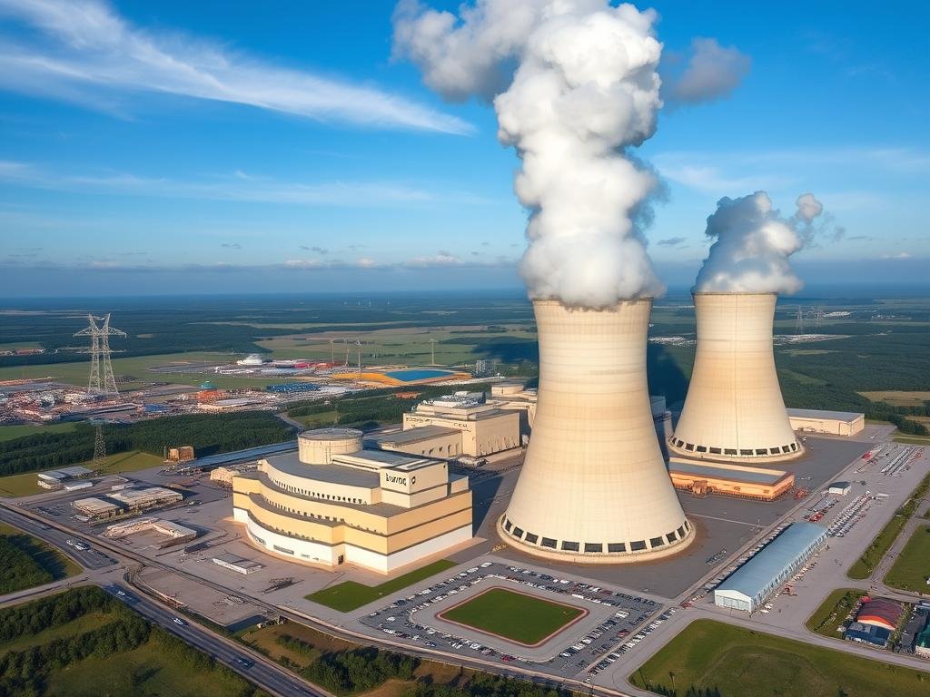 Modern nuclear power plant with cooling towers and reactor buildings Modern nuclear power plant with cooling towers and reactor buildings