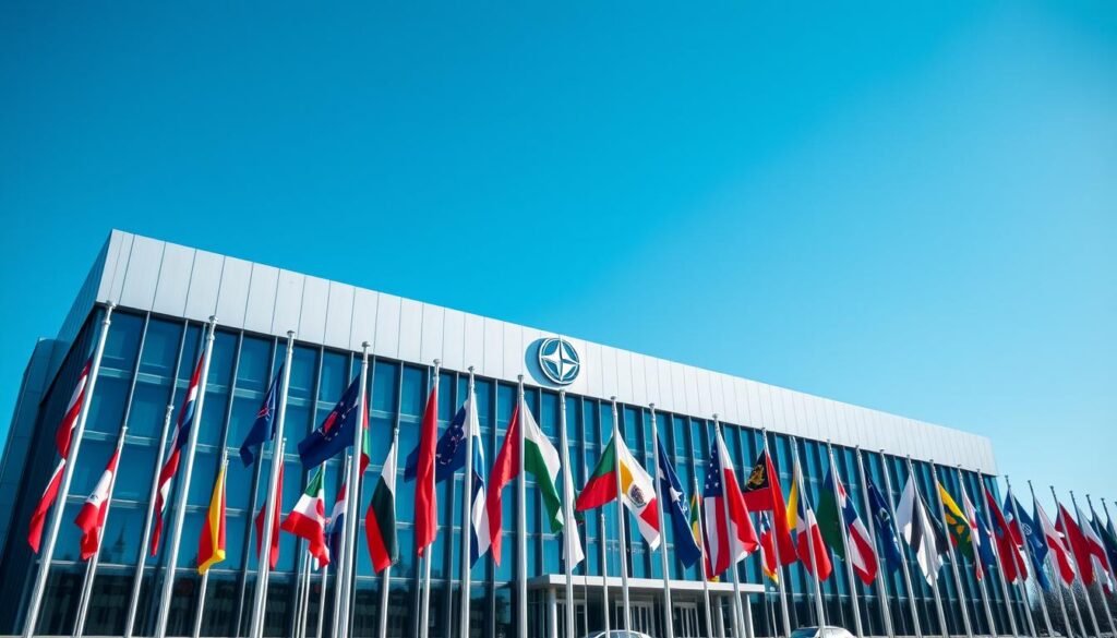 NATO headquarters with flags of member nations