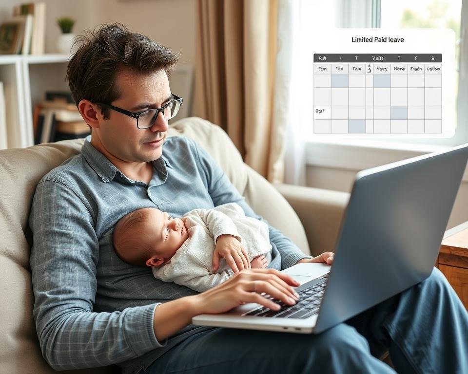 New parent working from home while caring for newborn, illustrating paid leave challenges