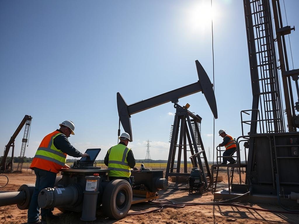Oil drilling operation in Texas with workers and equipment